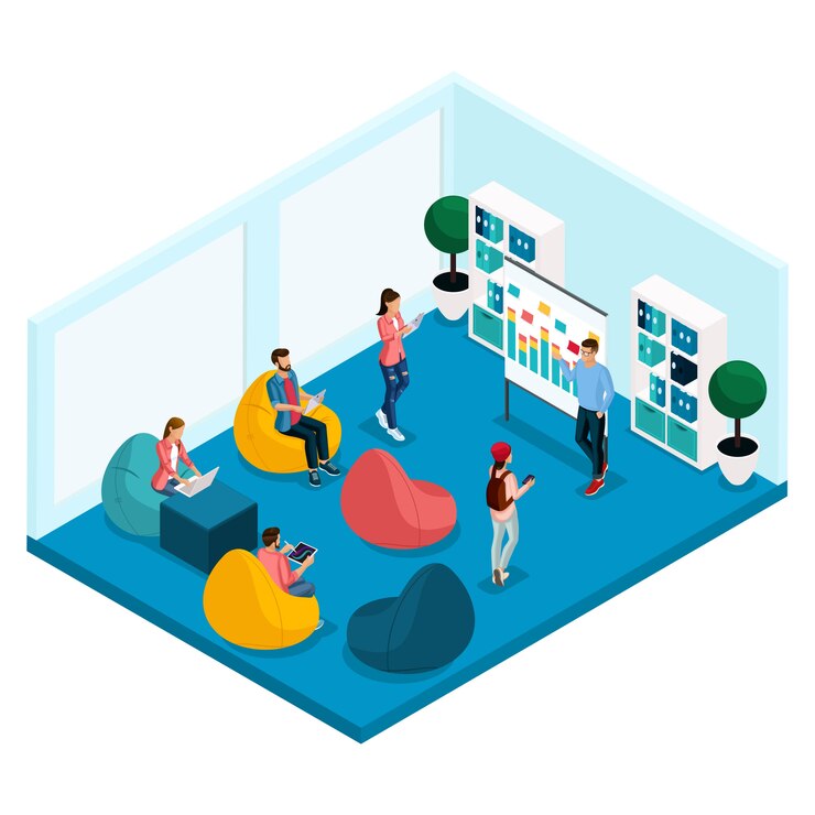 Vector trendy isometric people and gadgets, room coworking center, an office for education, training, armchairs, laptop, working
