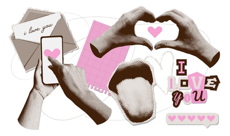 Vector trendy vintage collage with retro halftone mouth with tongue and hands with heartd valentines day