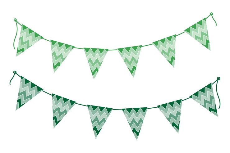 Triangular ornamental pennant garlands on rope in trendy monochrome green st patrick day greeting