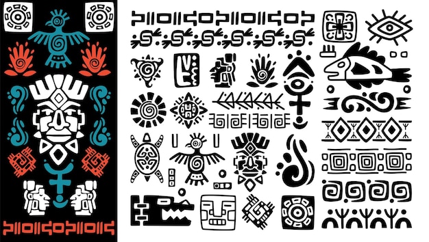 Tribal pattern African silhouette print Ethnic border Ancient tribe Aztec and Mayan graphic Mexican shapes Mexico or Peru decorations Navajo elements Vector tidy ornaments set