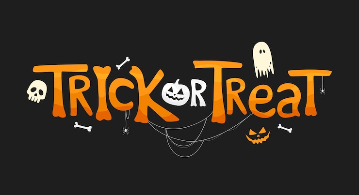 Vector trick or treat text with traditional elements. holiday illustration on black background for halloween day.