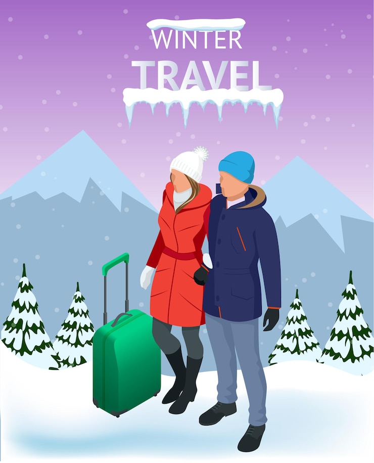 Vector trip on a winter vacation in the mountains. winter travel concept. christmas travel. travel to world. banner, journey, illustration.