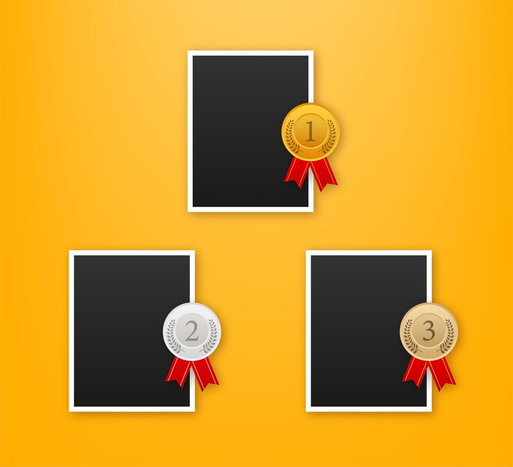 Trophy and frame realistic compostion. 3d photo award place for flyer design. Vector illustration.