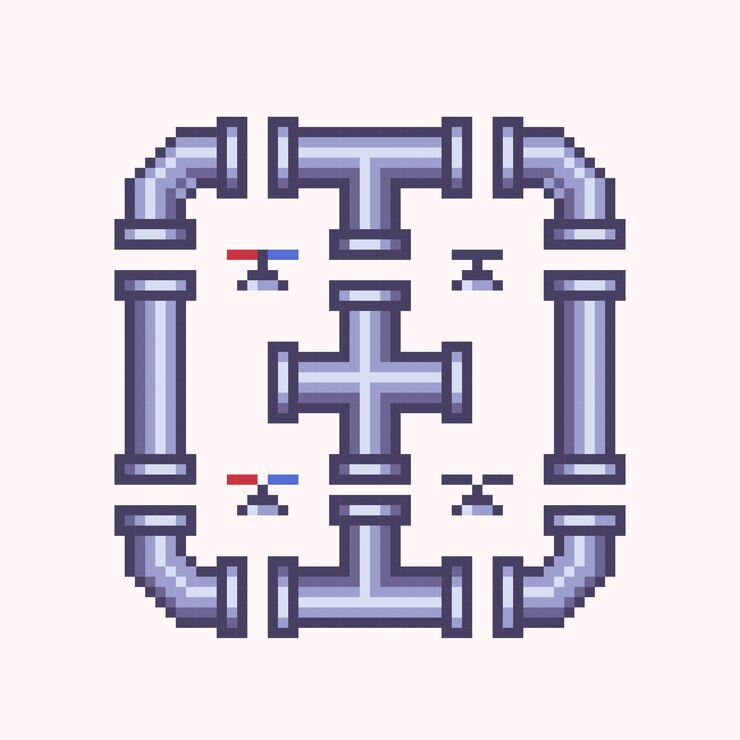 Vector tubes and pipes plumbing pixel art set. gas or water pipelines steam pressure counters faucets