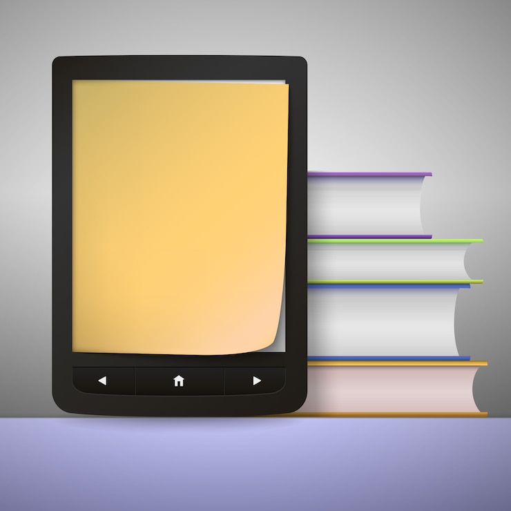 Vector tumpukan buku warna-warni dengan pembaca buku elektronik.