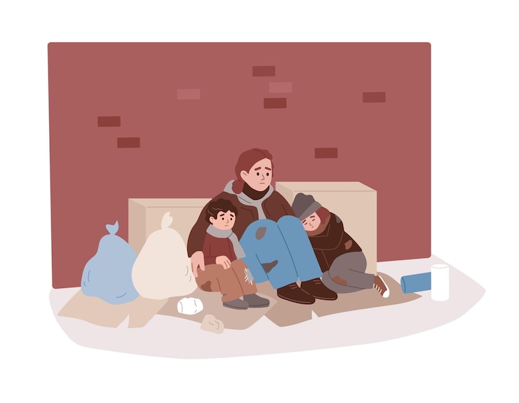 Vector tunawisma tinggal di jalanan. wanita duduk di tanah bersama anak-anak. tidak punya tempat tujuan. pengangguran