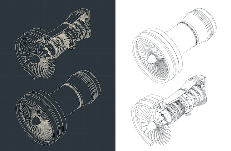 Vector turbofan engine isometric blueprints