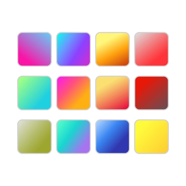 Twelve Colorful Gradient Square Shapes Arranged On A White Background Template