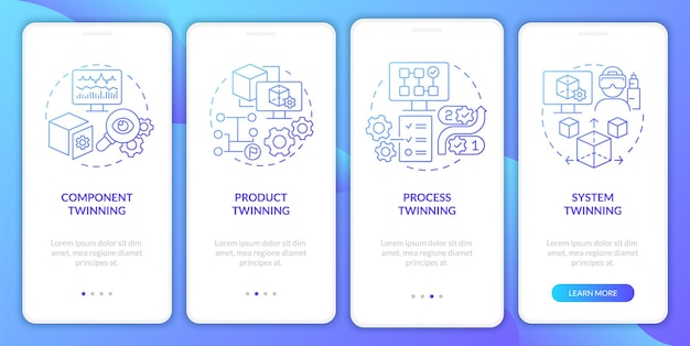 Twinning levels blue gradient onboarding mobile app screen System twin walkthrough 4 steps graphic instructions pages with linear concepts UI UX GUI template Myriad ProBold Regular fonts used