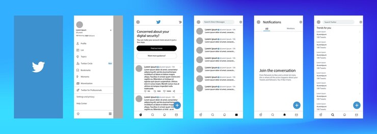Vector twitter mobile interface twitter screen social media social network interface template homepage logo bird notofications search trends template of iphone 14 editorial