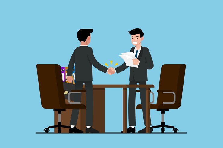 Vector two businessmen standing and shake hands each other