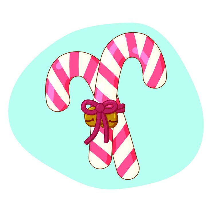Two Christmas candy canes tied with rippon and bells flat cartoon vector illustration