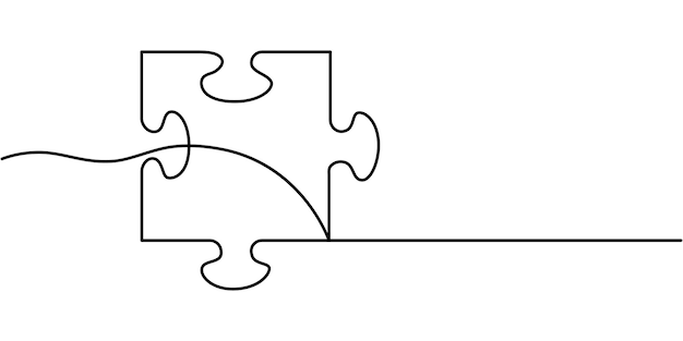 Two connected puzzles line art Jigsaw pieces continuous one line drawing Vector isolated
