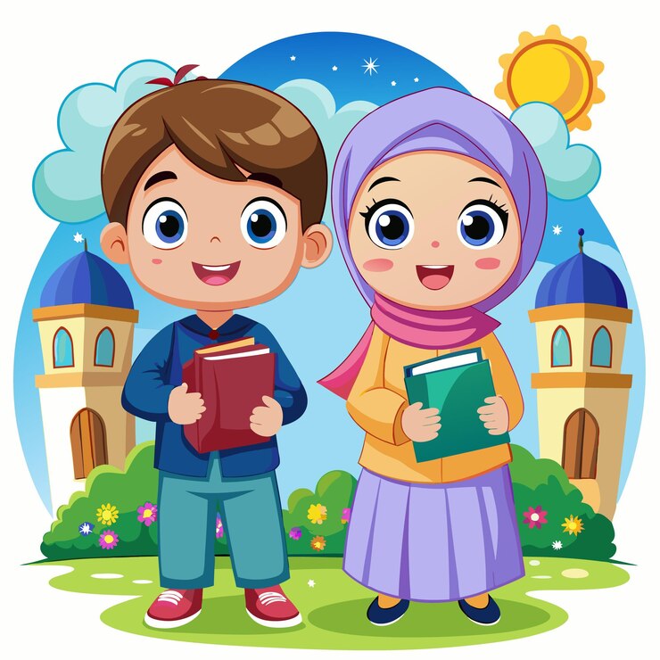 two cute muslim girls and boys cartoon
