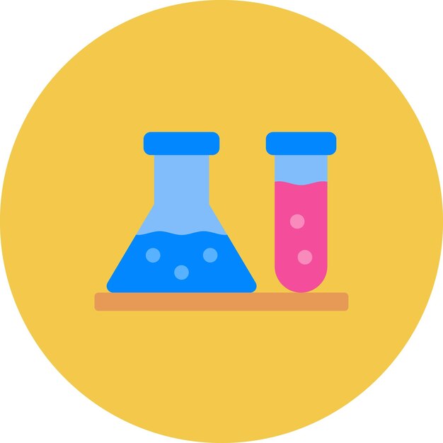 two flasks with a blue cap and a pink liquid in front of them