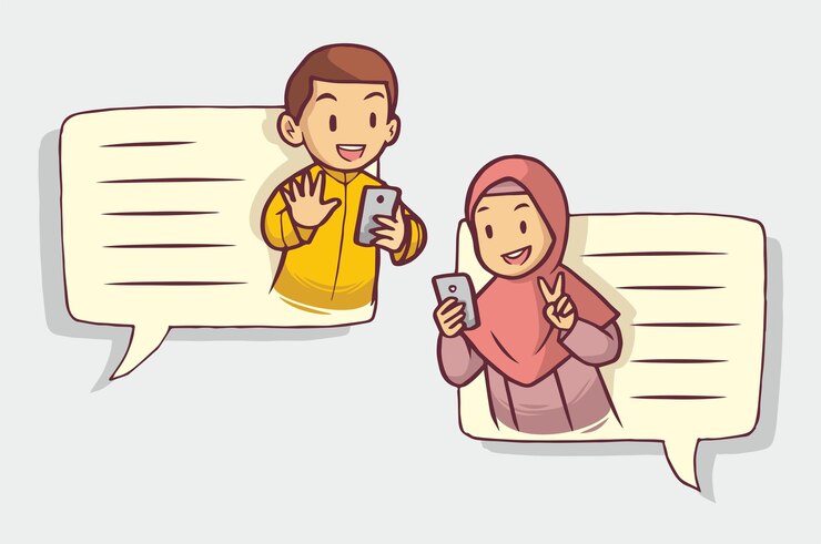 Vector two friends send messages to each other via cell phone hand drawn art