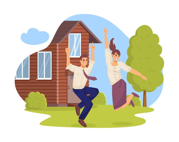Vector two happy excited man and woman happily jumping in front of wooden cottage offsite corporate business team having fun on nature outdoors joyful people enjoying of success