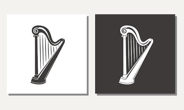Two harps are shown on a black and white background.