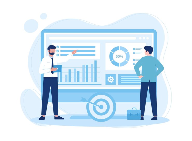 Two men discuss annual business targets trending concept flat illustration