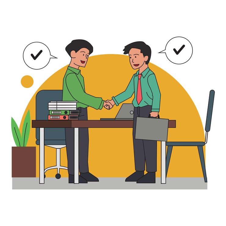 Two men shaking hands with one wearing a green shirt and a tie.