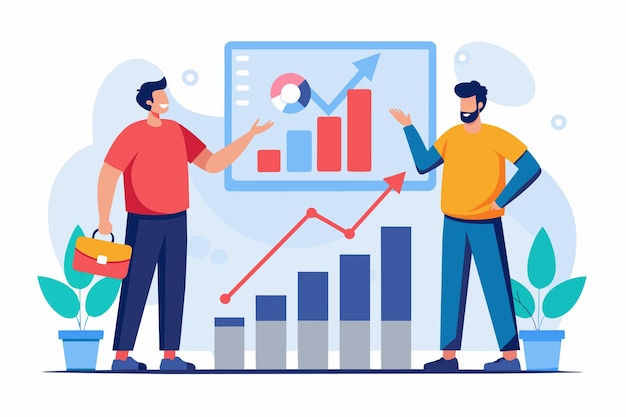 Two men standing in front of a chart analyzing growth data graphs two men analyze growth data graphs Simple and minimalist flat Vector Illustration