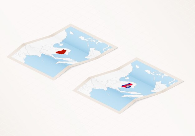 Two versions of a folded map of Cambodia with the flag of the country of Cambodia