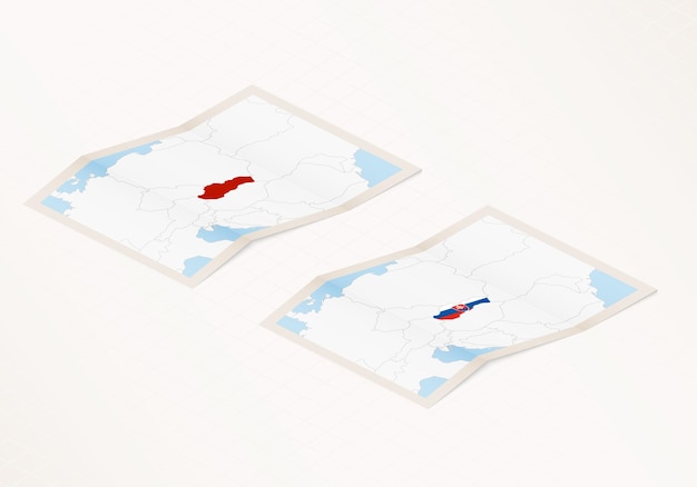 Two versions of a folded map of Slovakia with the flag of the country of Slovakia