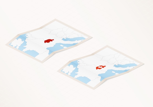 Two versions of a folded map of Switzerland with the flag of the country of Switzerland