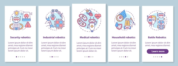 types robotics onboarding mobile app page screen with linear concepts. guard, industrial, medical, battle robots walkthrough steps graphic instructions. ux, ui, gui vector template with illustrations