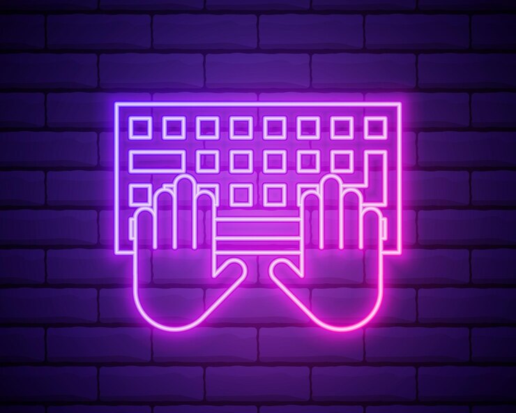 Vector typing arms keyboard pink neon vector icon colours neon vector icon brick wall background