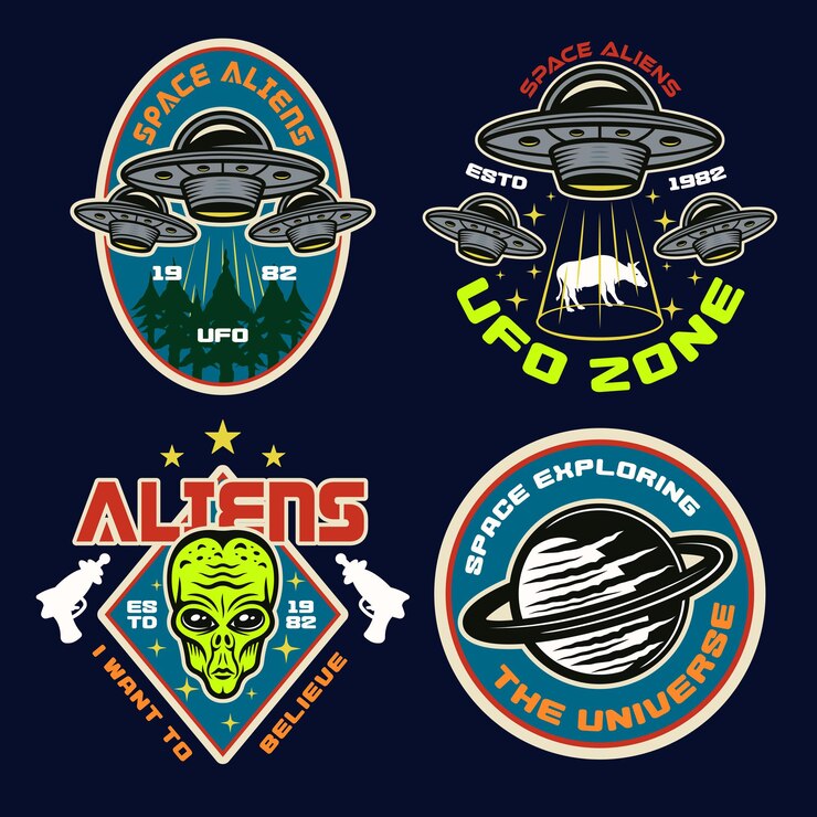 Ufo and aliens set of four colored vector emblems, labels, badges, stickers or t-shirt prints in vintage style on dark background