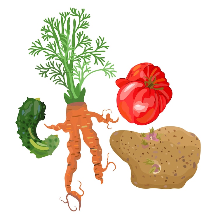Vector ugly vegetables imperfect cucumber carrot tomato potato vector isolated illustration ugly food