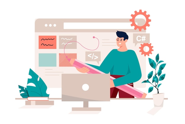 UI UX programming pink concept with people scene in the flat cartoon design