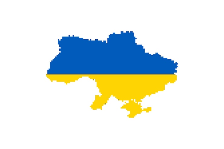 Vector ukraine map in 8bit pixel style ukrainian flag art vector icon isolated illustration