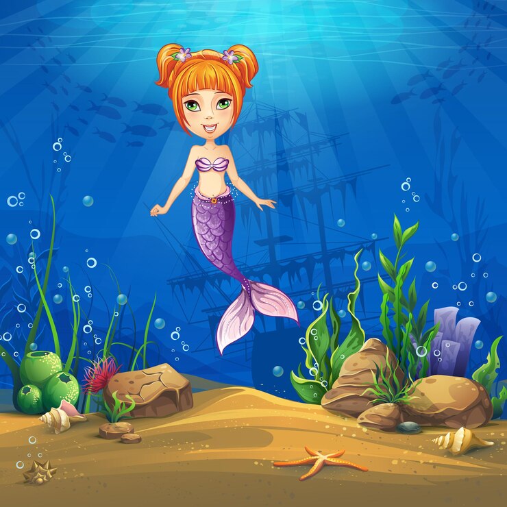 Vector undersea world with haired mermaid. marine life landscape - the ocean and the underwater world with different inhabitants.