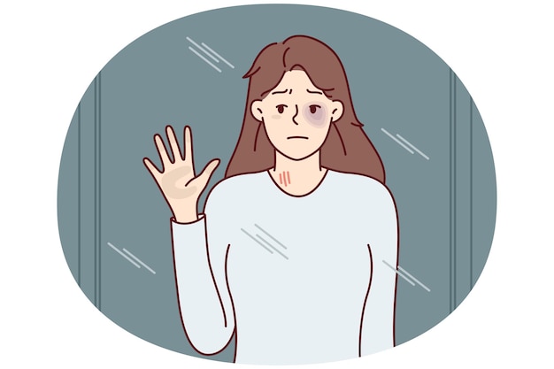 Unhappy woman with black eye from domestic violence looks in mirror vector image