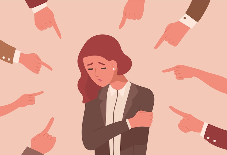 Vector unhappy young woman surrounded by hands with index fingers pointing at her.