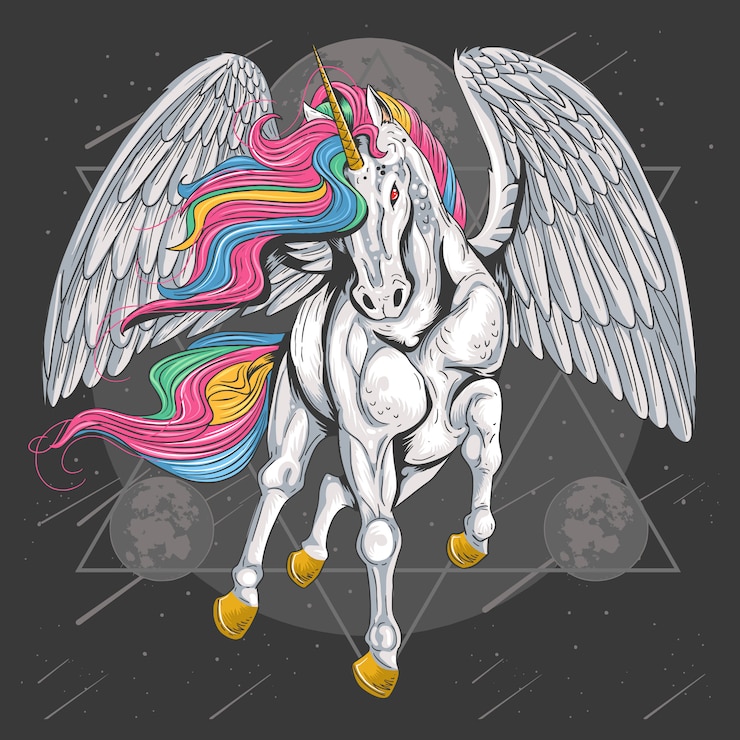 Vector unicorn horse full colour with wings fly on the space moon