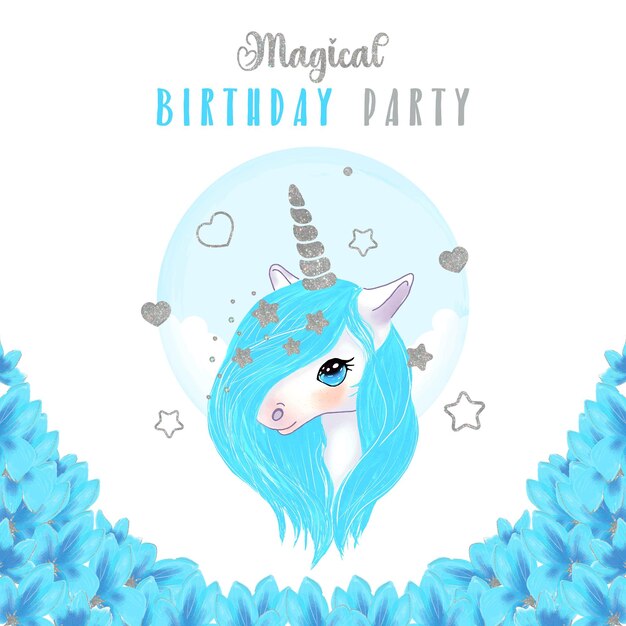 unicorn with a blue mane invitation to a birthday party vector illustration