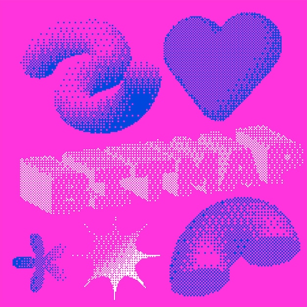 universal trendy geometric d shapes set twirl heart half ring and word bitmap vector pixelated