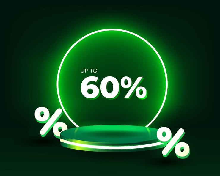 Up to 60 percent text discount green 3d podium floating in the air with neon rings on background