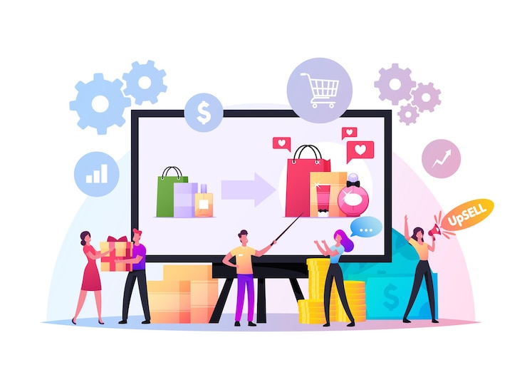 Vector upsell concept. tiny sellers and buyers characters at huge pc. upselling online marketing, technique for more profitable sale. promo for shoppers, gifts and bonuses. cartoon people vector illustration