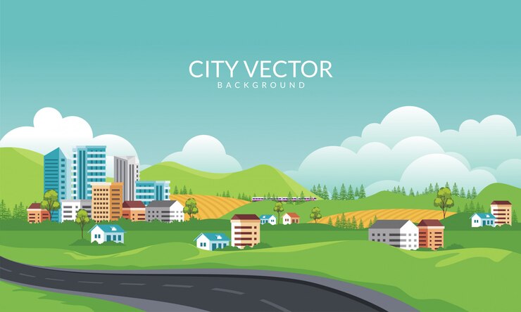 Urban and suburban cityscape with nature landscape panoramic view illustration