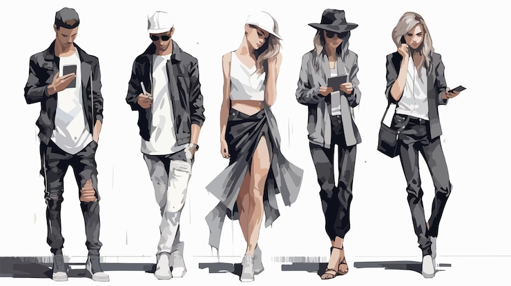 Vector urban fashion lifestyle sketch with stylish people and gadgets on street