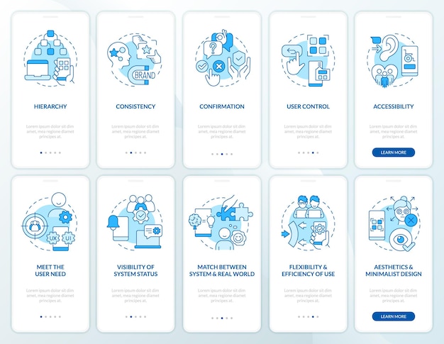 user experience design rules blue onboarding mobile app screen set