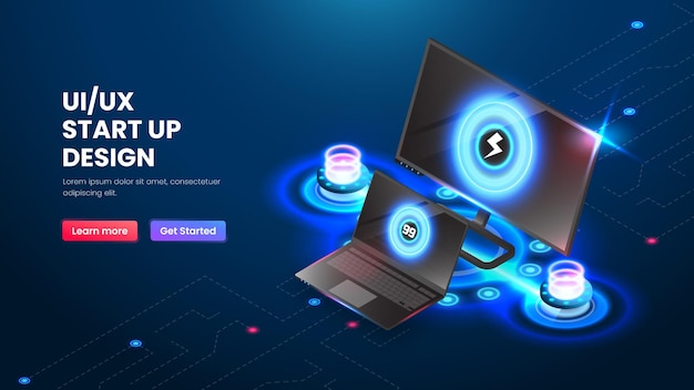 User interface start up design isometric technology and blue background