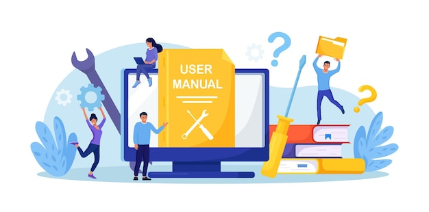 User manual Customer find answers online in internet Business person reading user guide or textbook on monitor Q and A FAQ and instructions