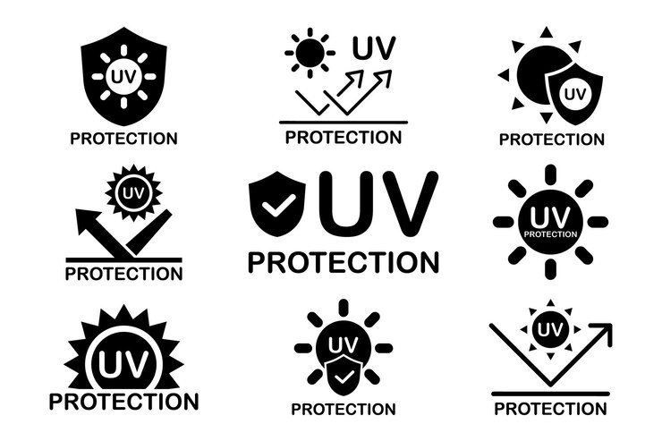 UV protection icon set UV radiation icon Ultraviolet symbol Sun uv protection icons Vector pictogram of sunscreen spf Skincare illustration sign for cosmetics packaging