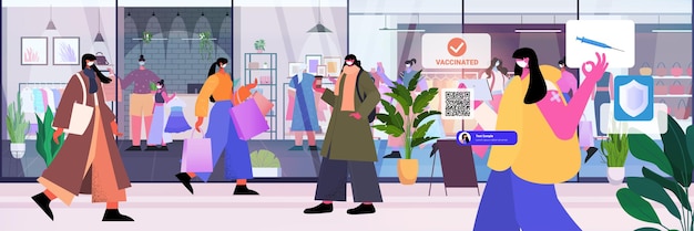 vaccinated woman using digital immunity passport with qr code on tablet pc successful covid-19 vaccination concept shopping mall interior horizontal vector illustration
