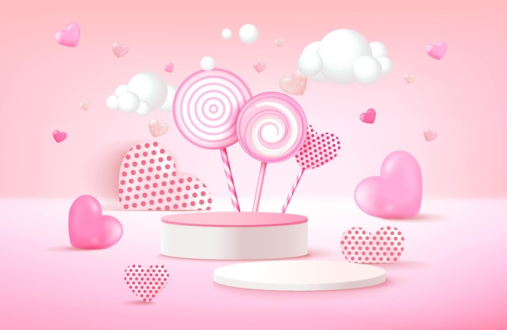 Valentines day banner template with 3D hearts shining lights and podium Vector illustration